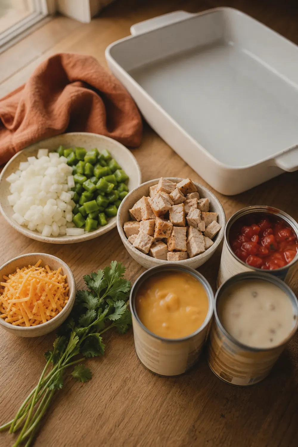 Diced onion, green bell pepper, cubed chicken, and cans of Rotel and condensed soup arranged raw on a warm wooden countertop