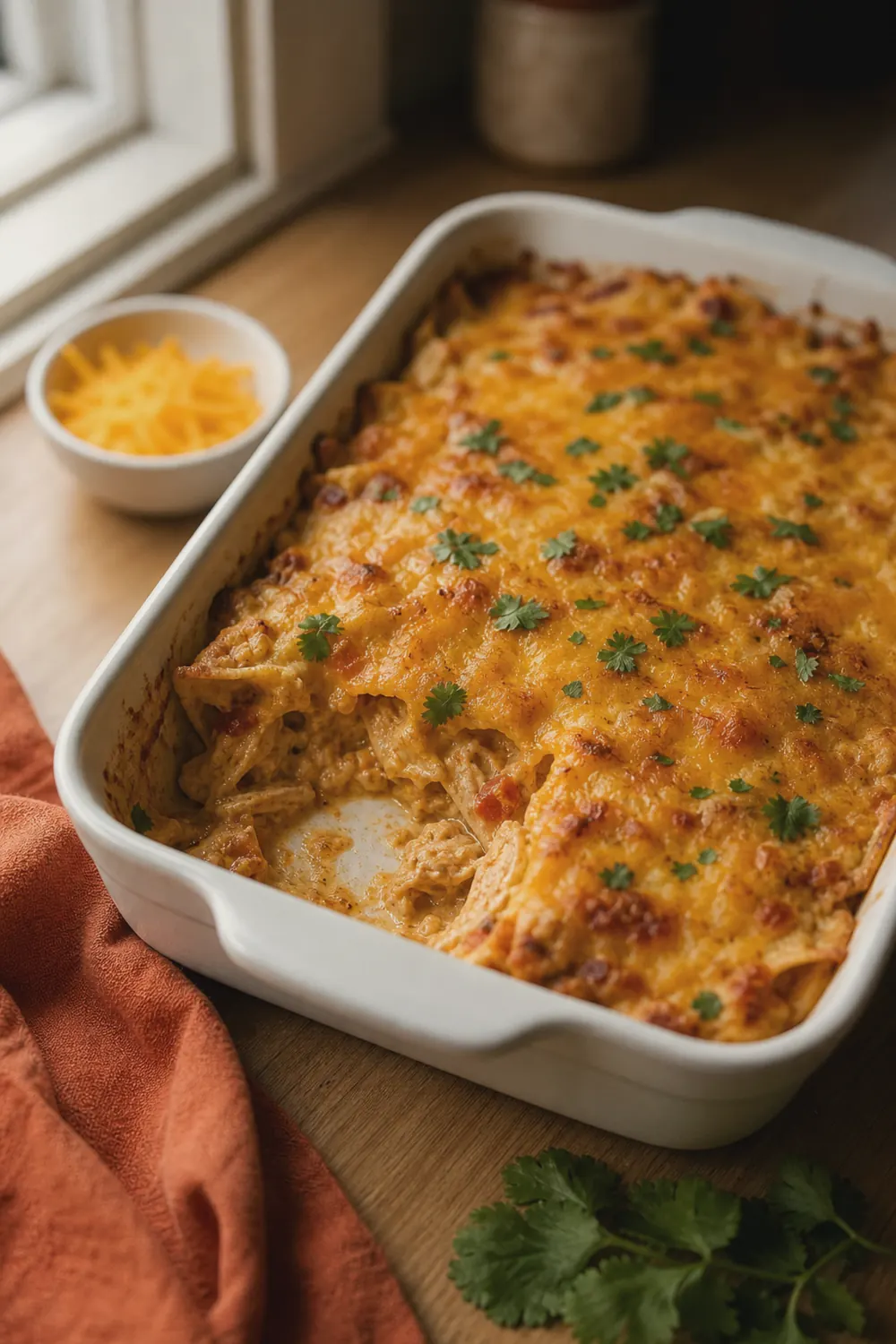 A baked King Ranch chicken casserole in a white dish with bubbling golden cheddar cheese, one scoop lifted to show creamy chicken and tortilla layers underneath.