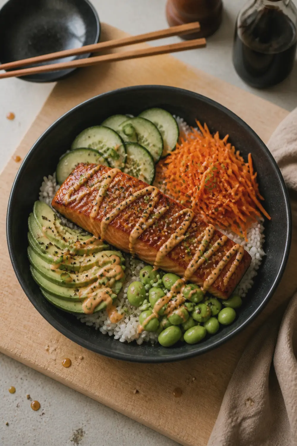 A fully assembled salmon rice bowl viewed from above showing the golden salmon fillet placed on seasoned sushi rice with neatly arranged sections of sliced cucumber, avocado, shredded carrots, and edamame, drizzled with spicy mayo and topped with sesame seeds and green onions