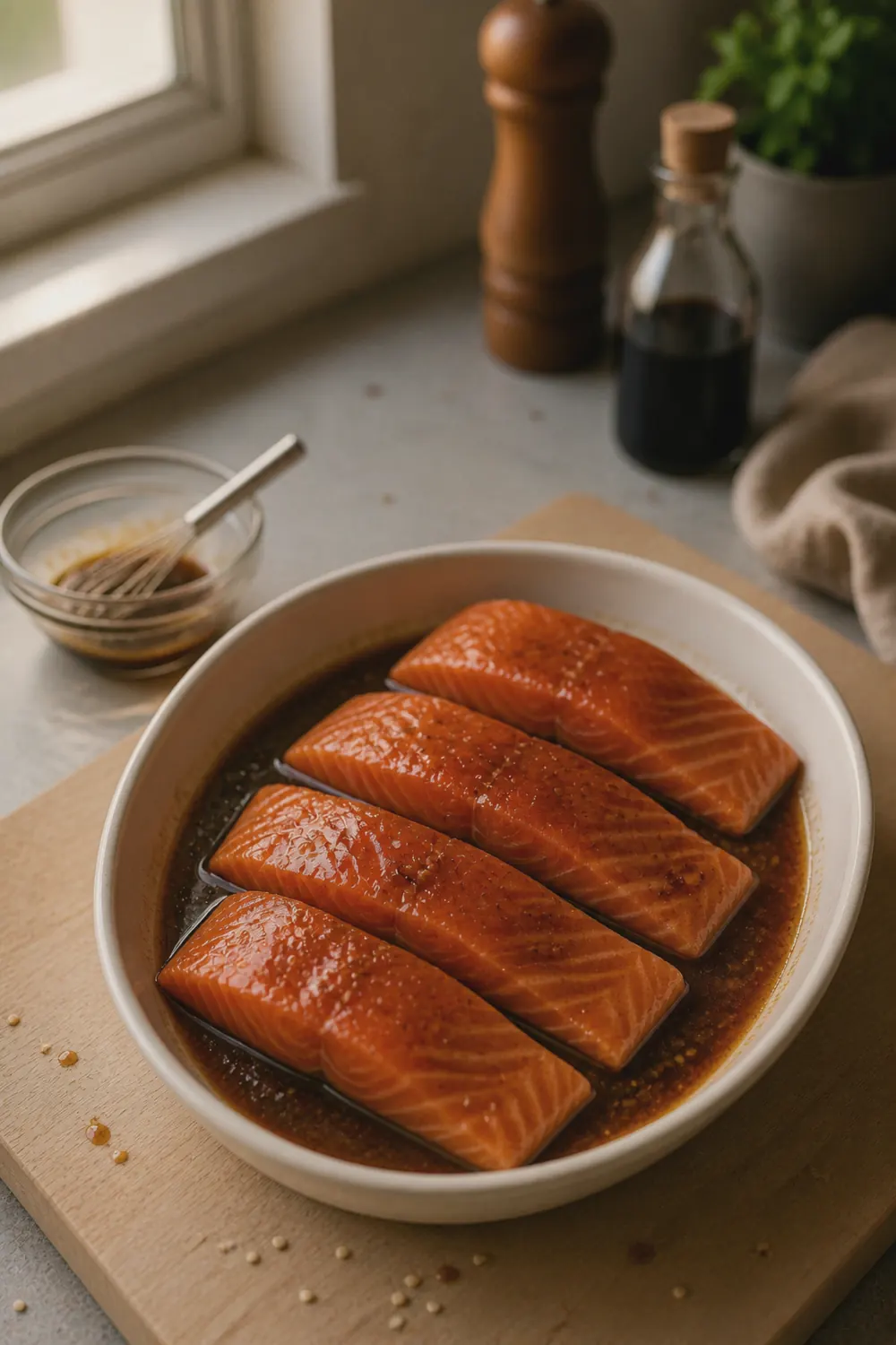 Four salmon fillets sitting in a shallow dish with soy-honey glaze, glistening on the surface, on a kitchen counter next to a whisk and small bowl of remaining marinade