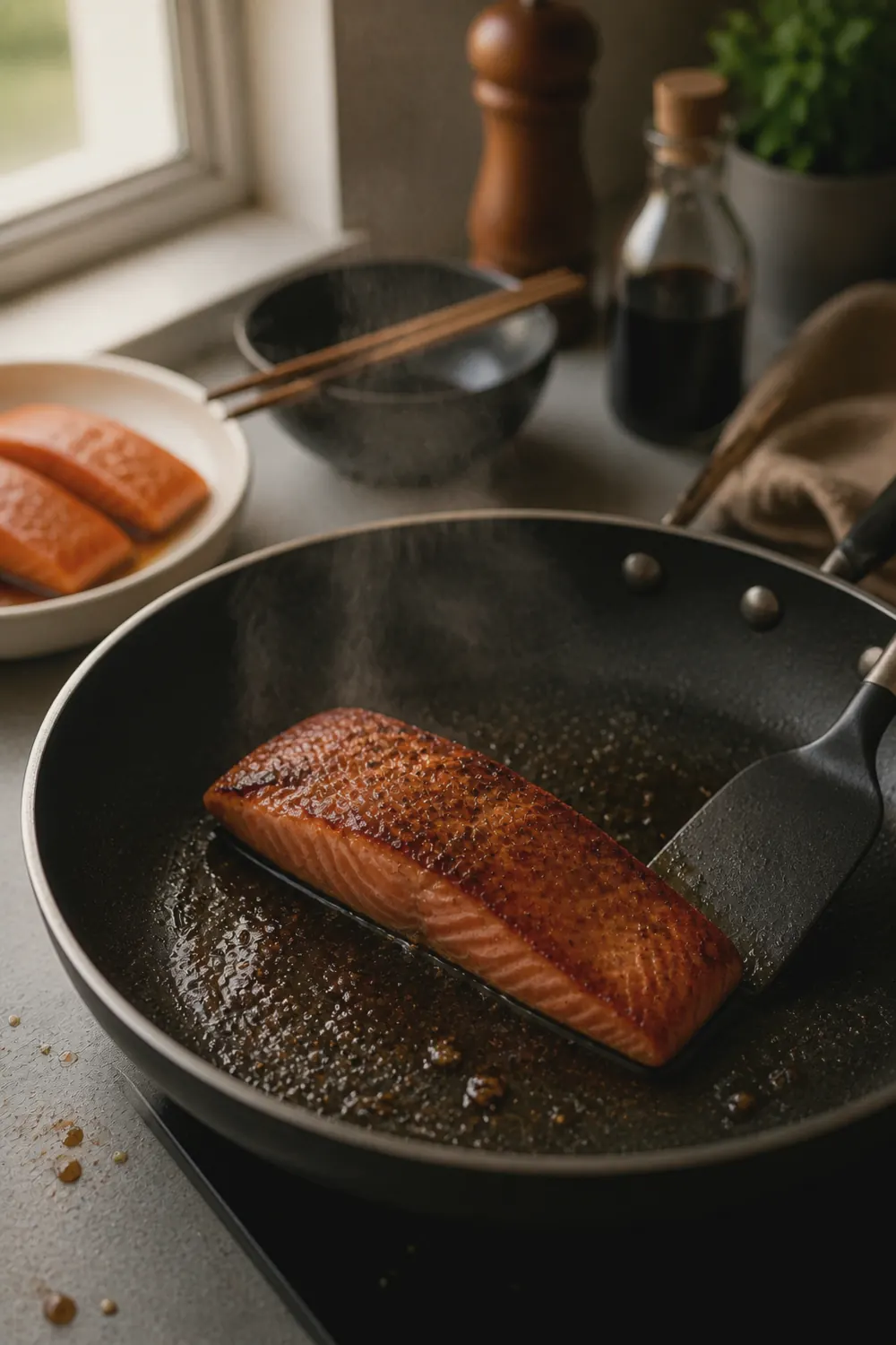 A golden-crusted salmon fillet searing in a nonstick skillet with oil shimmering around it, the top side still showing the raw pink center transitioning to cooked edges