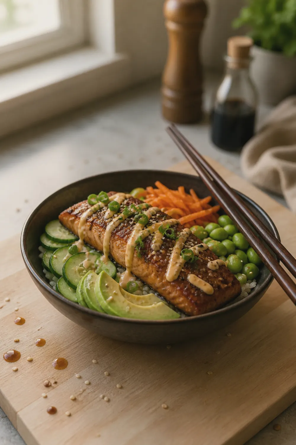 A salmon rice bowl with a golden pan-seared salmon fillet on top of seasoned sushi rice, surrounded by sliced cucumber, avocado, shredded carrots, edamame, and a drizzle of spicy mayo in a dark ceramic bowl on a wooden table with chopsticks resting on the side.