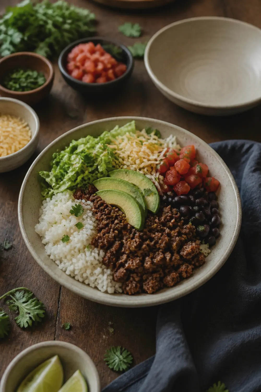 A fully assembled taco bowl with seasoned beef, cilantro-lime rice, black beans, lettuce, tomatoes, cheese, sour cream, and avocado slices arranged in sections in a wide stoneware bowl