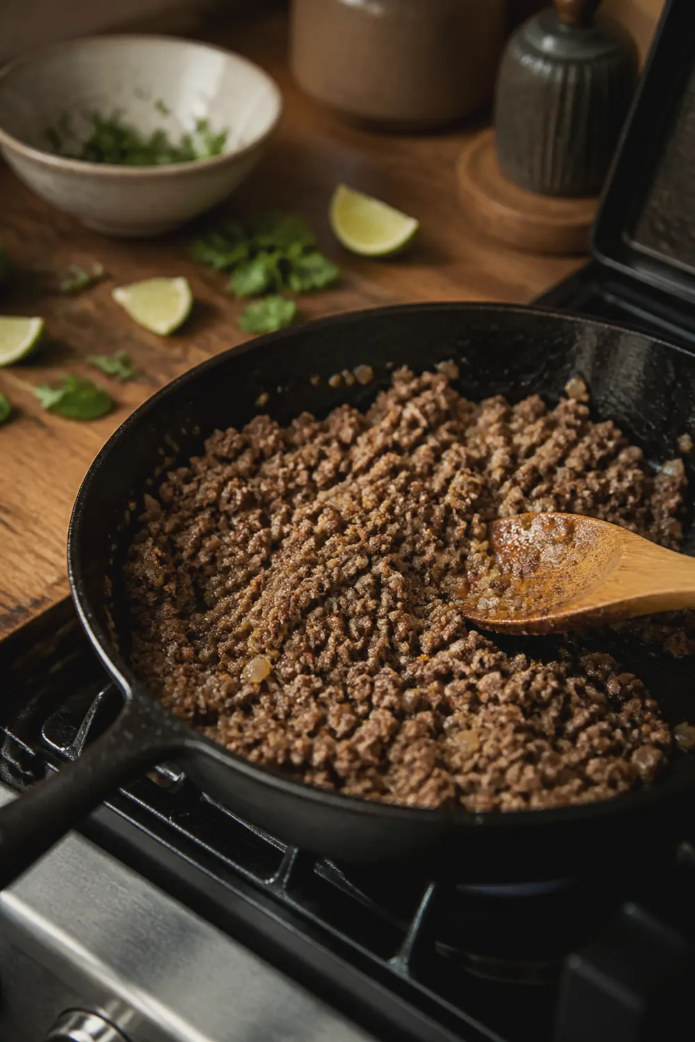 Ground beef browning in a skillet with diced onions and garlic, broken into small crumbles with a wooden spoon