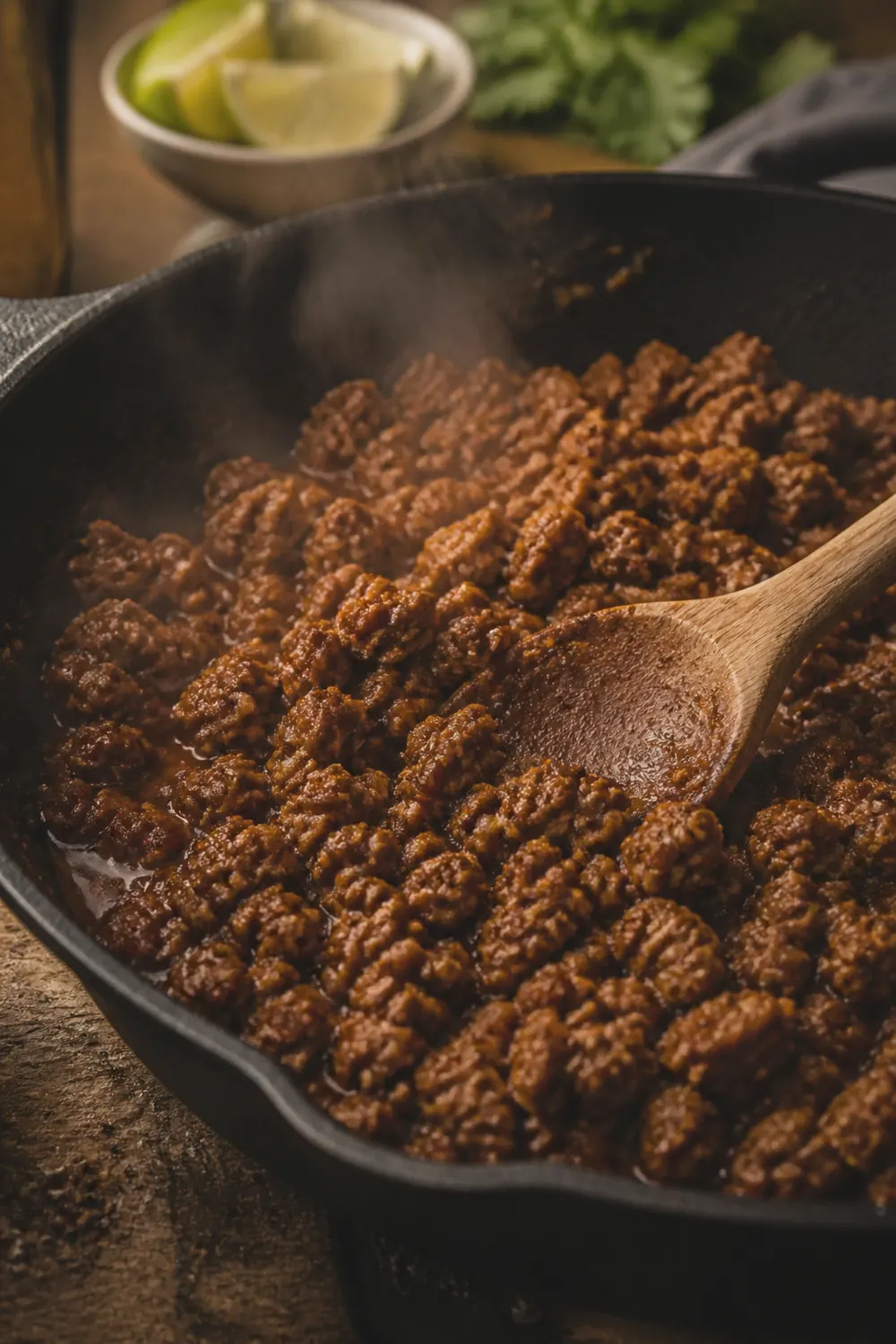 Seasoned taco beef simmering in a skillet with a thin spiced sauce coating the crumbles