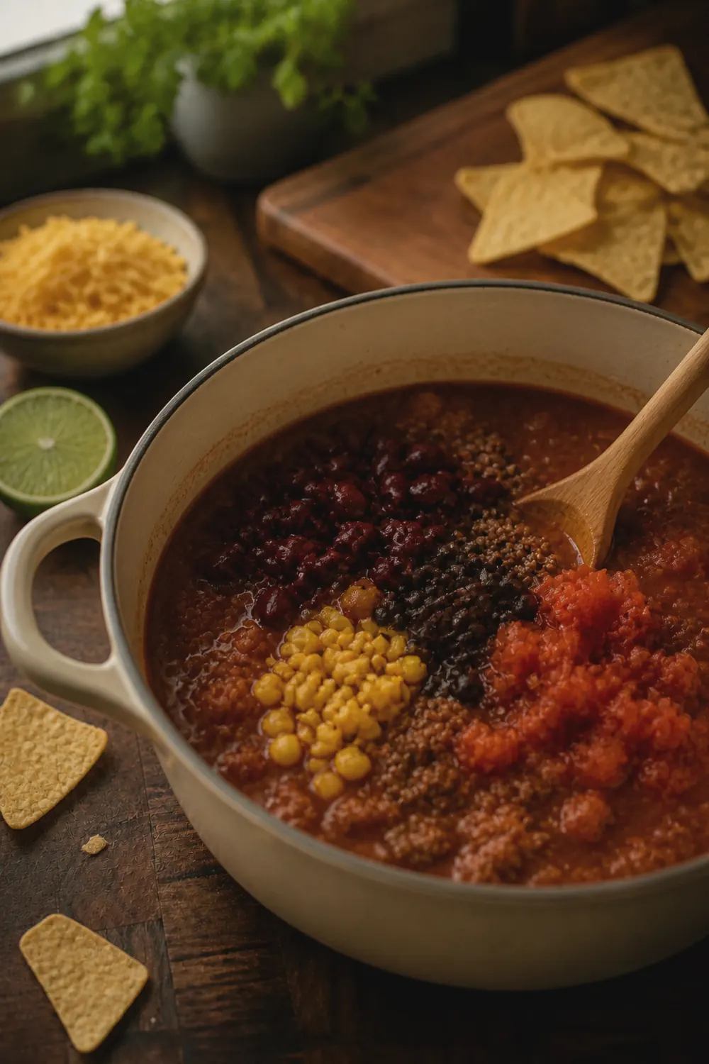 Dutch oven filled with taco soup after adding all the canned ingredients — visible beans, corn kernels, and diced tomatoes in a rich reddish broth