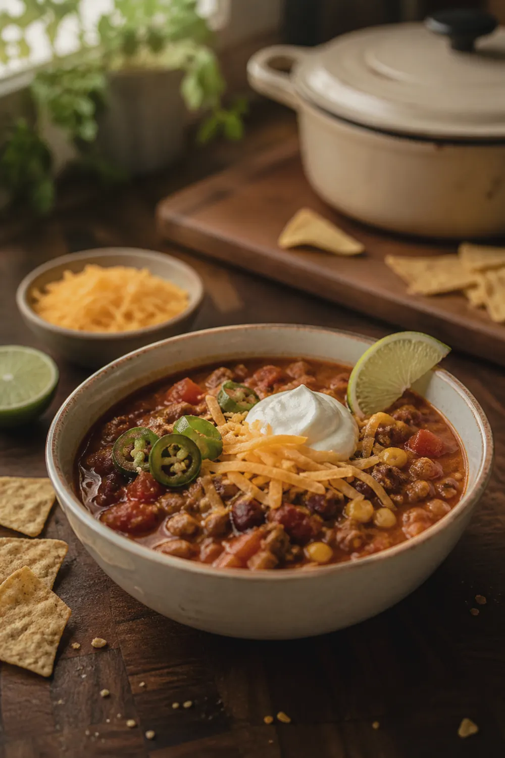 A bowl of taco soup topped with shredded cheddar cheese, sour cream, and sliced jalapeños, sitting on a wooden table with tortilla chips and lime wedges nearby.