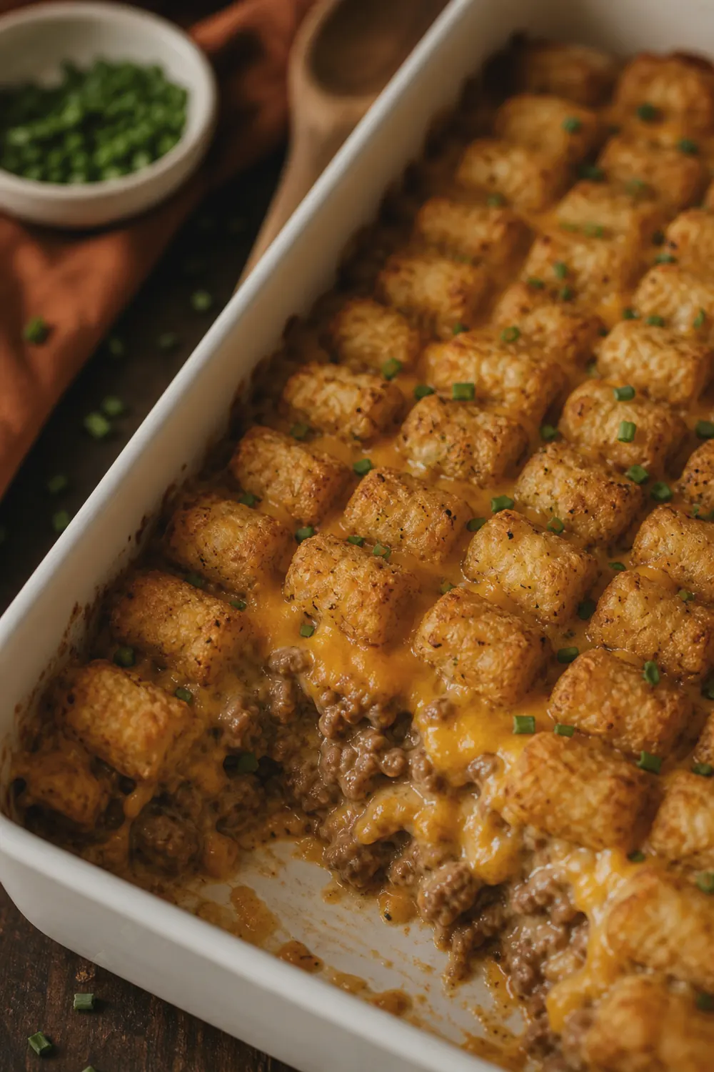 Finished tater tot casserole with golden crisp tots and melted cheese bubbling at the edges