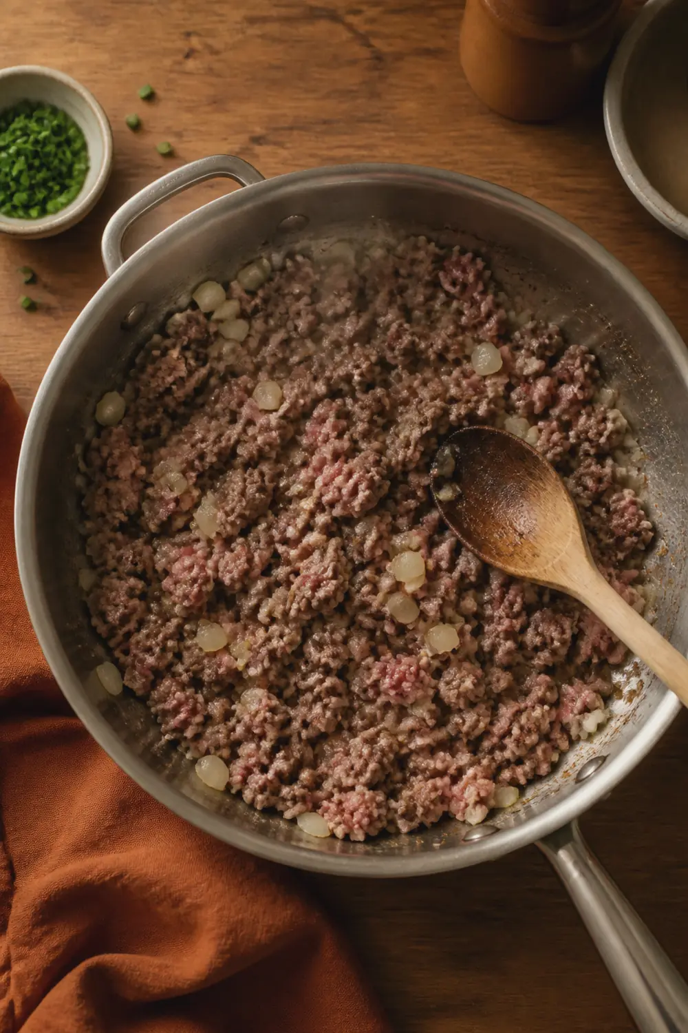 Raw ground beef and diced onion browning in a skillet on a warm wood countertop