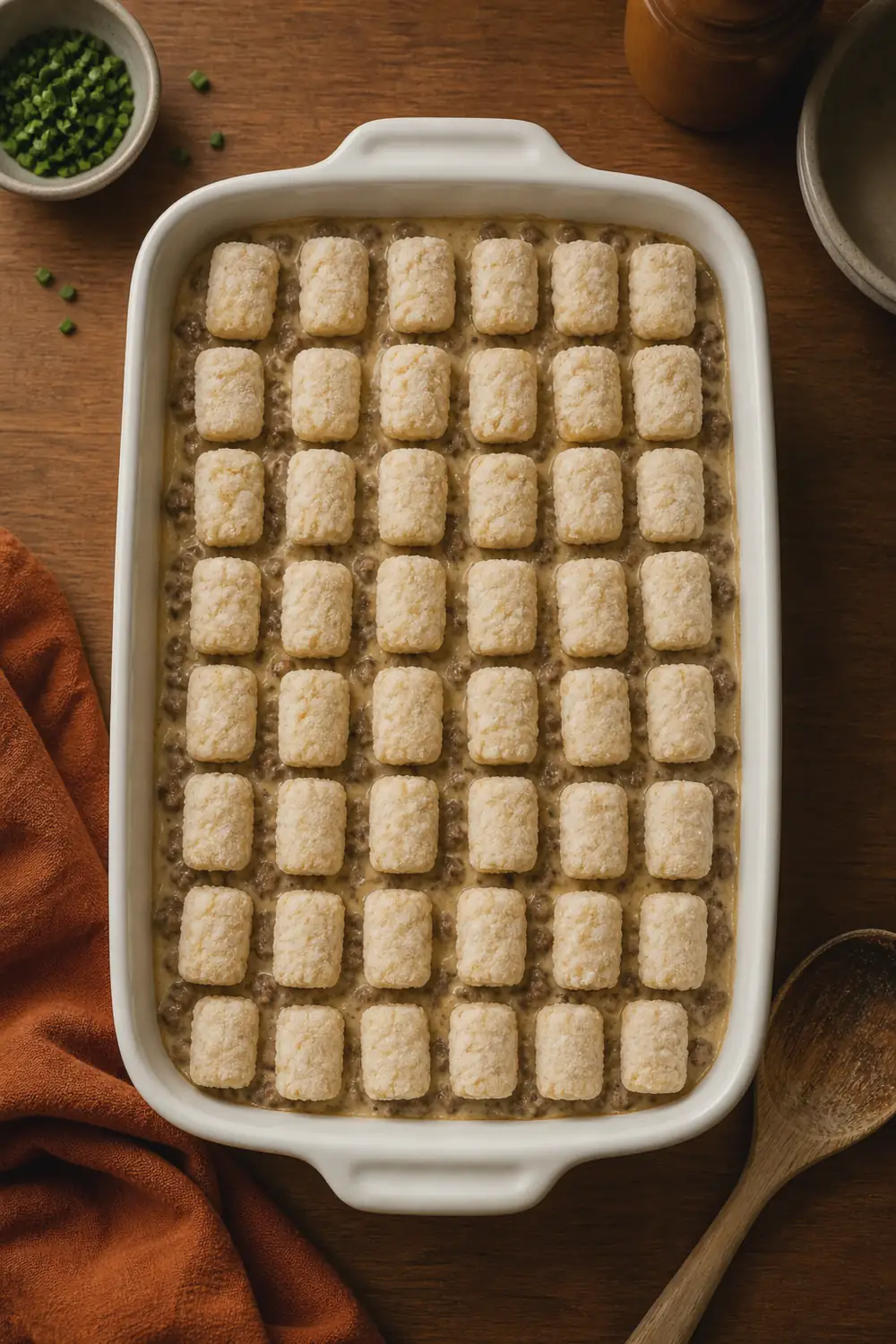 Beef and cheese layer topped with rows of frozen tater tots in a baking dish before baking