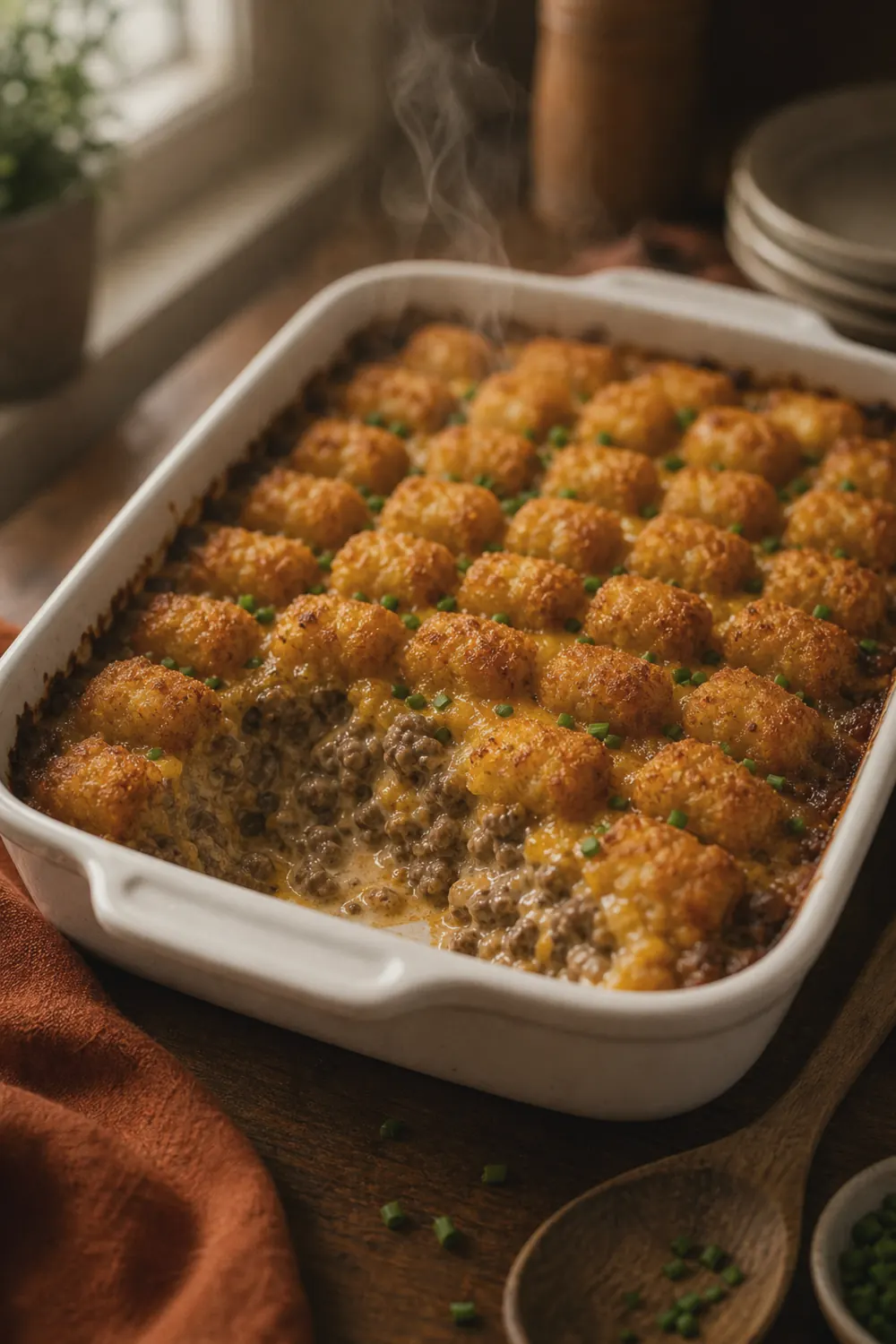 A scoop lifted from a 9x13 tater tot casserole showing golden crisp tots over a creamy beef and cheddar filling on a warm wood countertop